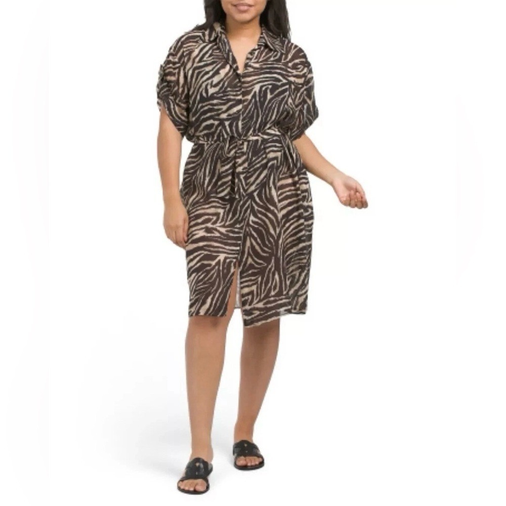 Gottex Animal Print Short-Sleeve Button Down Coverup Dress Size Large Vacation